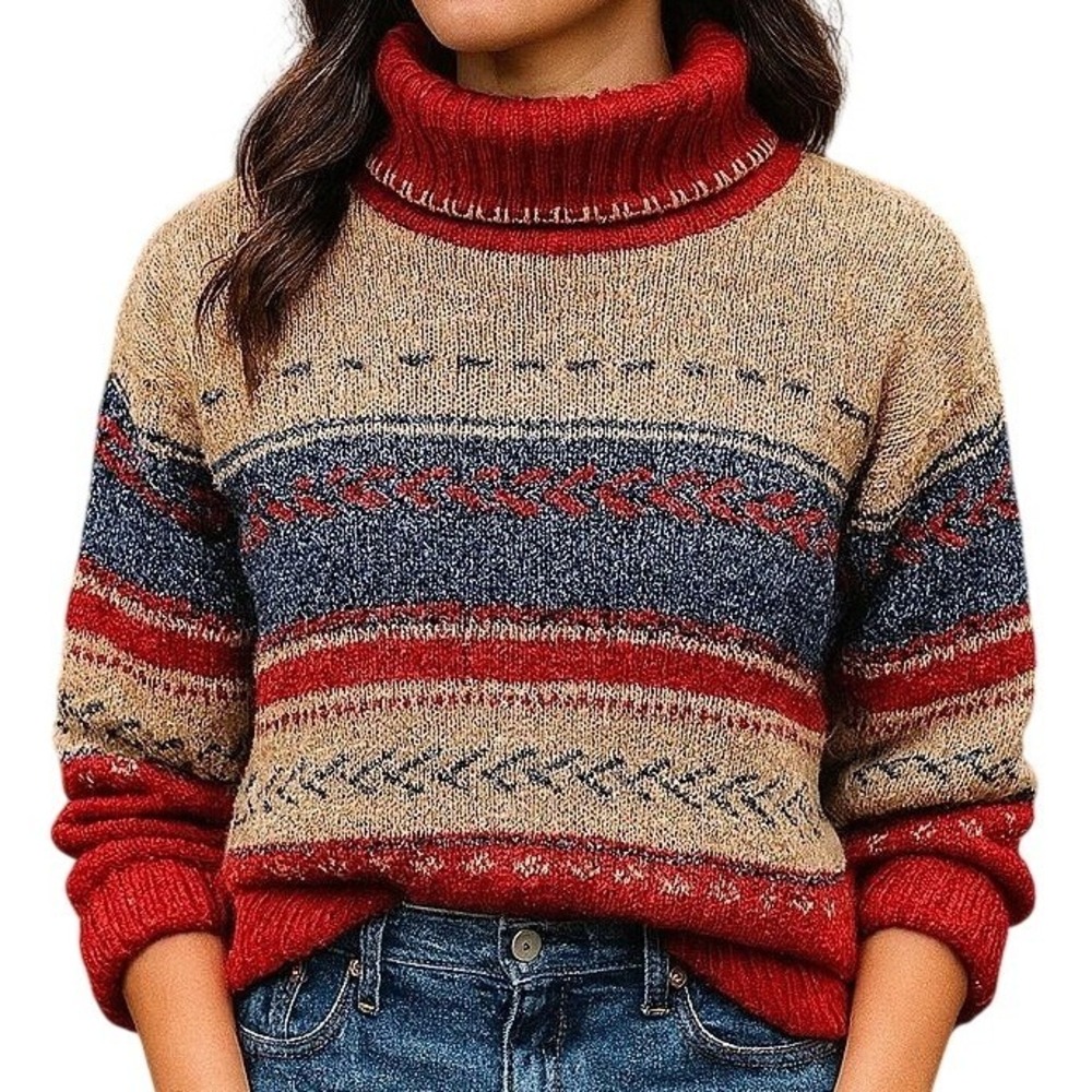 Vintage 90s Liz Claiborne Lizwear Petite Sweater M Red Blue Tan Turtleneck Knit